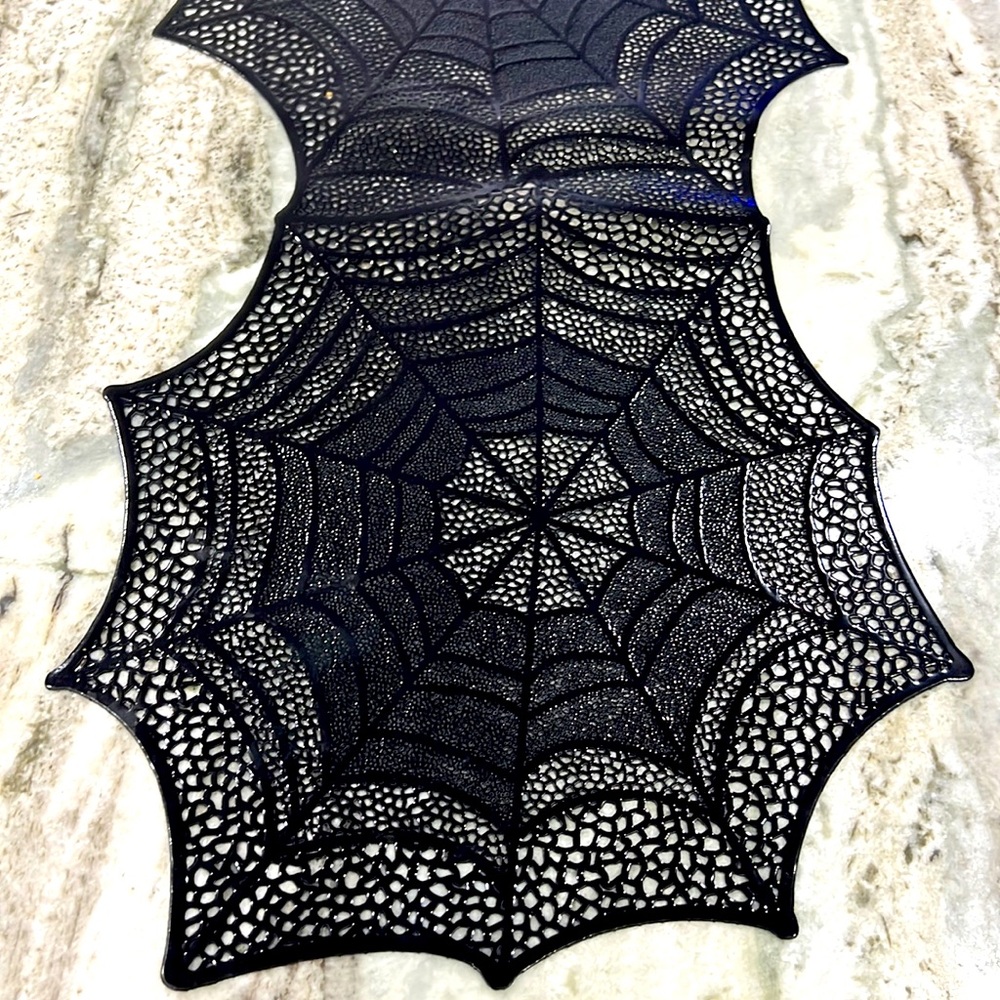 Halloween table runner spider webs glassy black